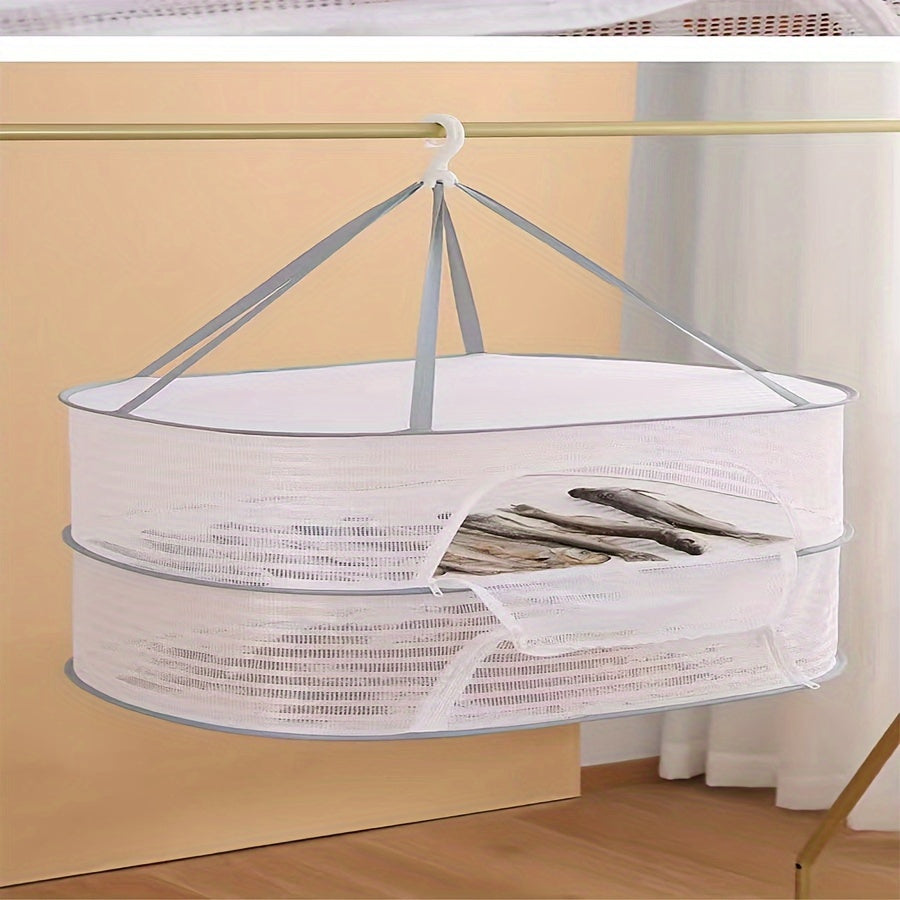 3-Tier Foldable Mesh Drying Rack with Zipper - Multi-functional Hanging Dryer for Laundry, Fish, and More - No Electricity Required, Ideal for Balcony, Clothing Drying, and Organization purposes.