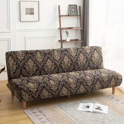 Printed armless futon slipcover to protect furniture in a bedroom, office, or living room.