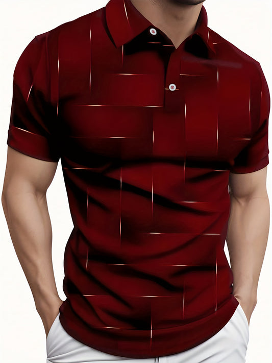 Men's stylish black and golden geometric print short sleeve shirt with button-up collar, digital printing, and made of a polyester blend for all-season wear. Ideal for casual golf