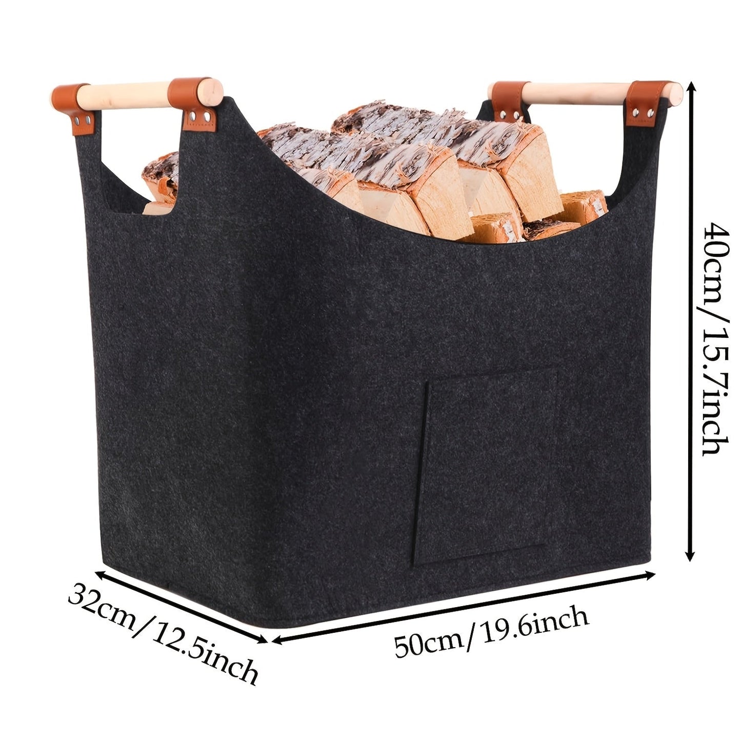 Extra large foldable log basket designed for fireplaces, 55L capacity with thickened felt material for wood storage. Features extended handles for easy indoor wood burner transport, keeps firewood organized. Made with durable dark gray material.