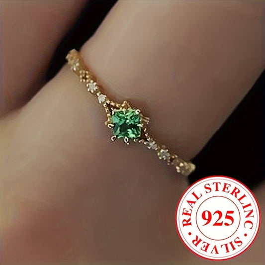 925 Sterling Silver Vintage Jewelry Set with Green Synthetic Gemstone Women's Ring, featuring Exquisite Thin Zirconia Accents. Perfect Fashion Gift for Mother or Lover, Ideal for Vacation Outfits