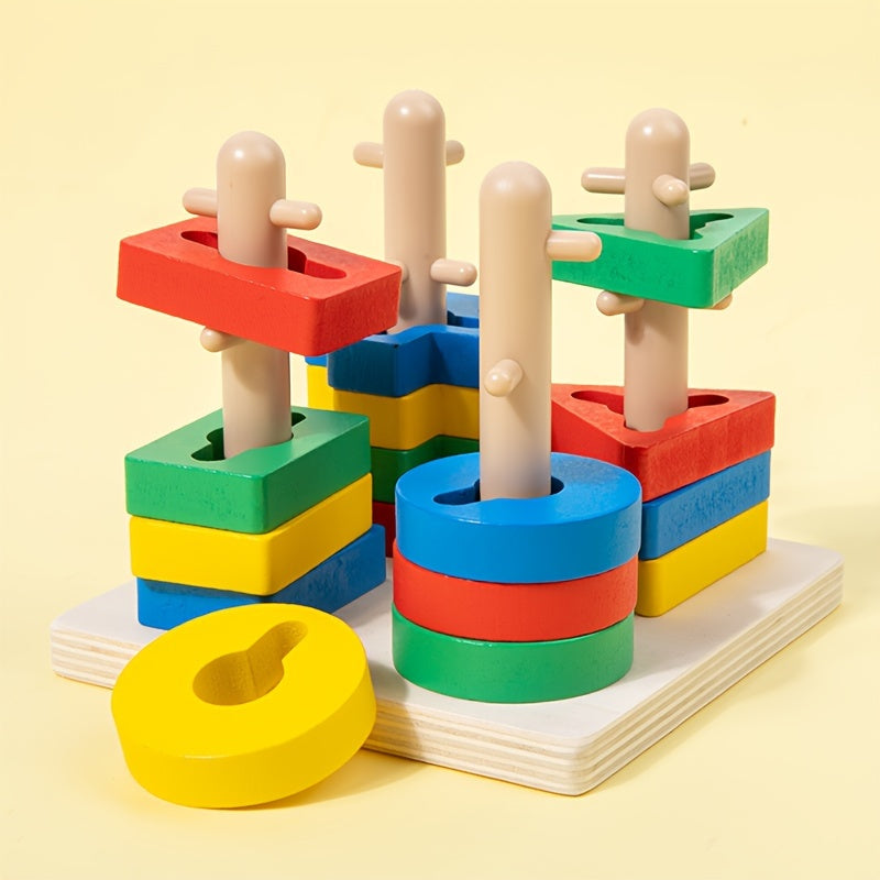 Educational wooden geometric shape sorter puzzle with stacking rings and blocks for cognitive development.