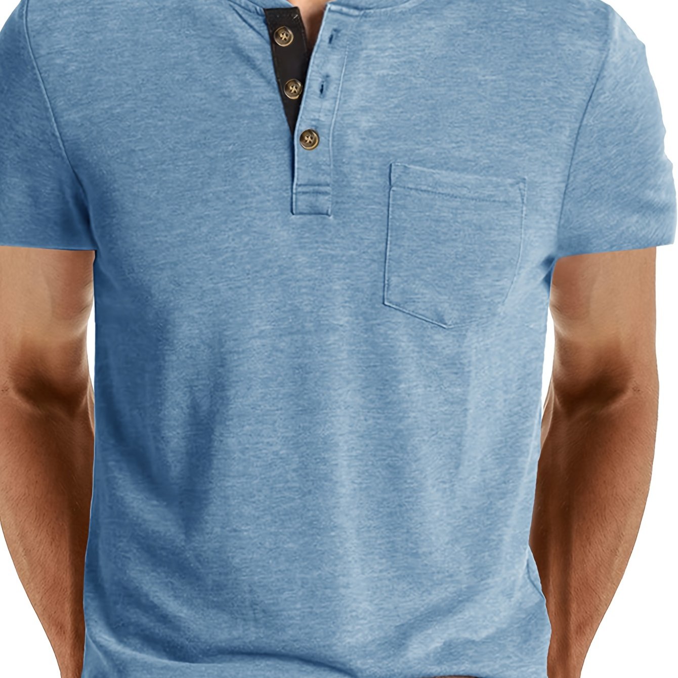 Men's Classic Blue Henley Shirt with Comfortable Fit, Casual Short Sleeve, Chest Pocket, Round Neck, Machine Washable - Ideal for Casual Attire.