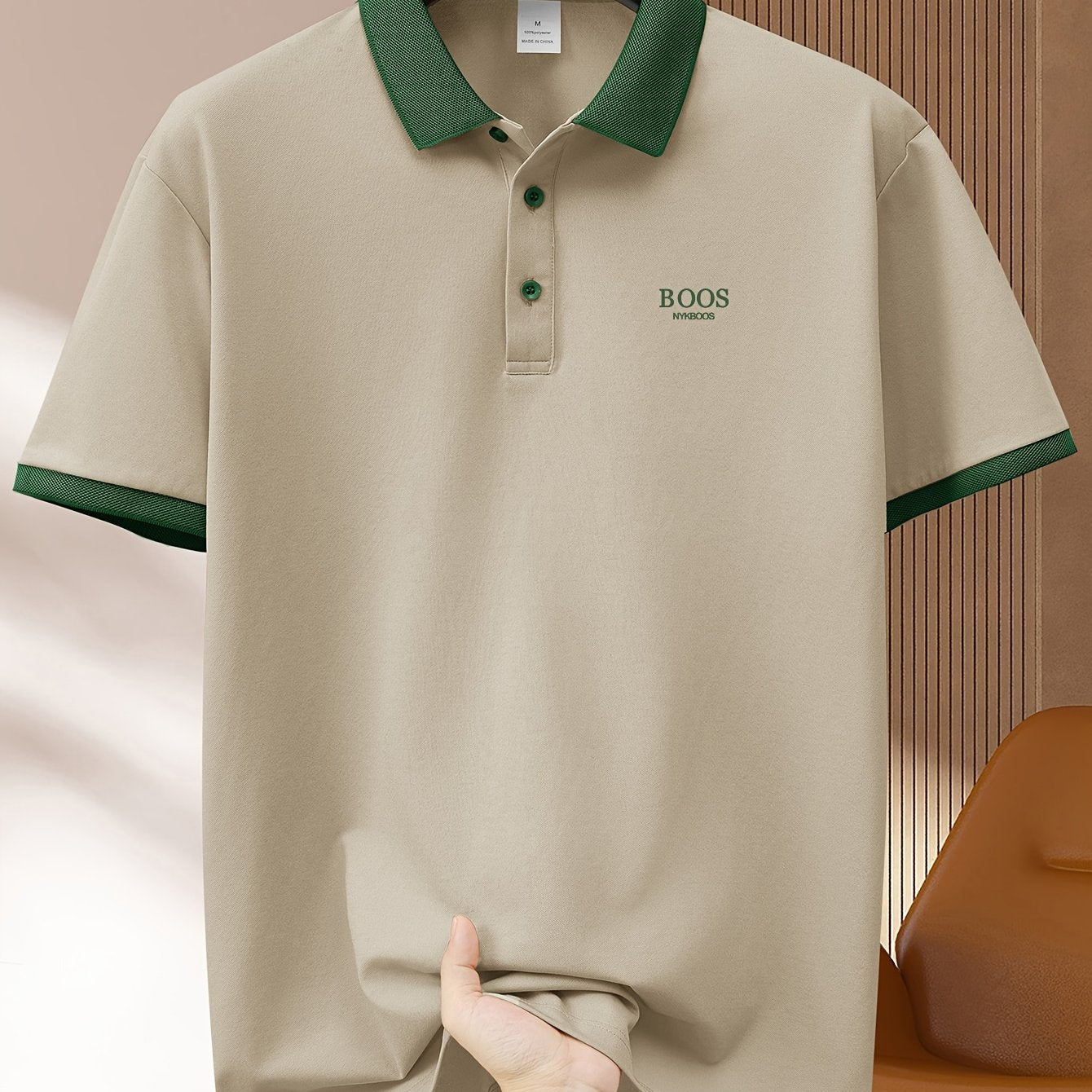 Men's light green casual polo shirt with contrast trim made of comfortable polyester. Features short sleeves, button-up collar, and a fun graphic design. Ideal for summer golf and sports