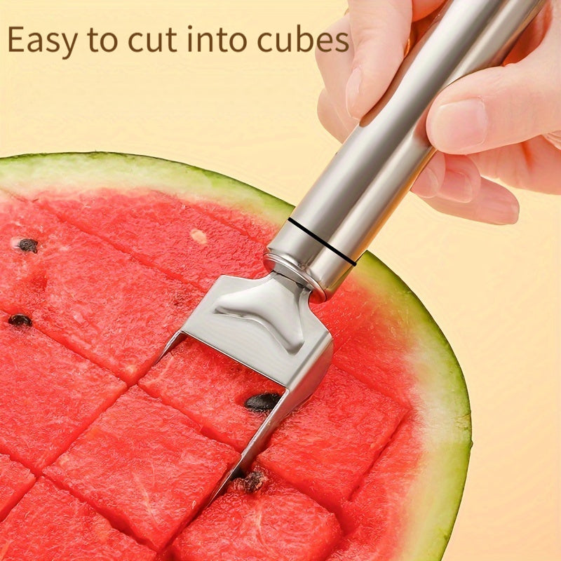 Stainless Steel Watermelon Slicer and Fork for easy, efficient cutting of perfect watermelon cubes, with an ergonomic handle and serving fork included.