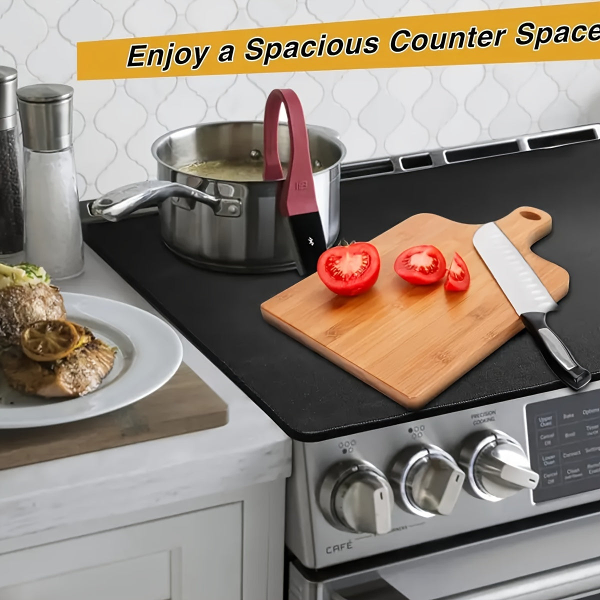 Protect your electric stove with this set that includes a glass top cover measuring 72.39x 52.07cm, along with 2 stove gap covers. The natural rubber stovetop mat and ceramic glass protector prevent scratching and keep your cooktop looking new. These