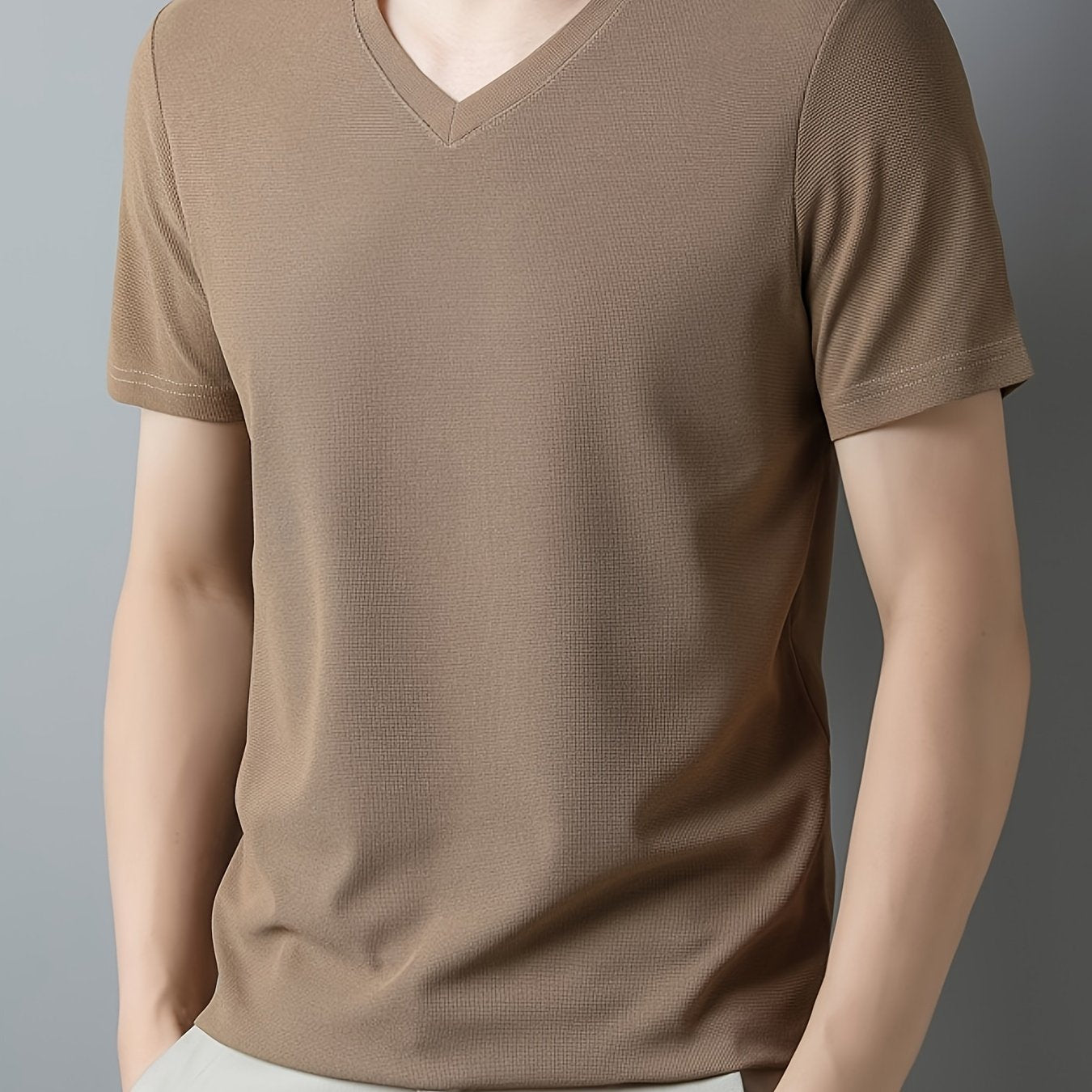 Men's casual short sleeve V-neck tee for summer outdoor wear.