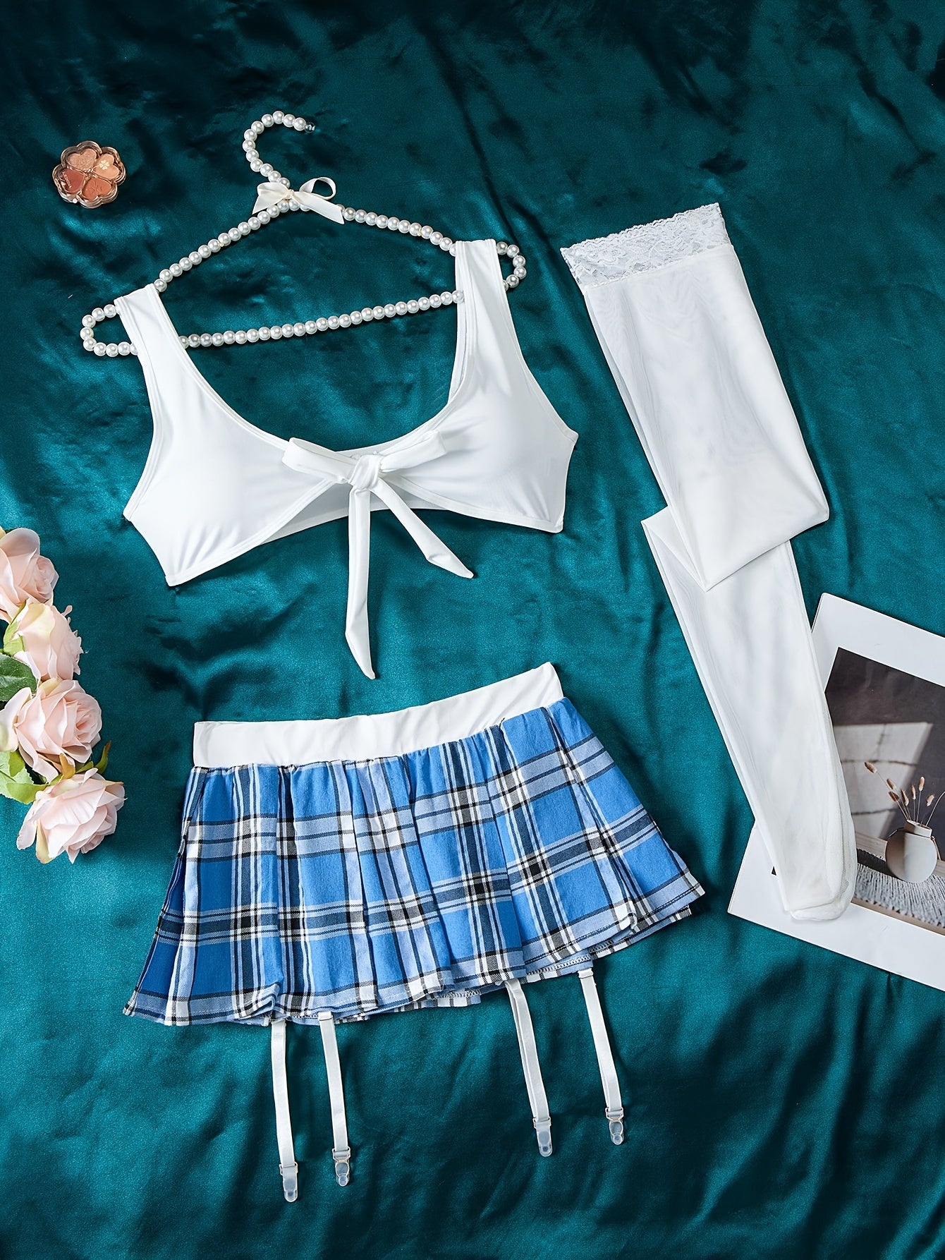 Naughty Preppy Music Festival Costume: Bow Top with Plaid Garter Belt Skirt, Sexy Women's Lingerie