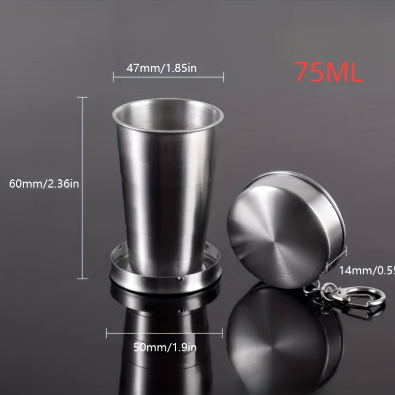 Stainless steel folding cup with keychain, retractable and portable. Ideal for camping and outdoor activities.