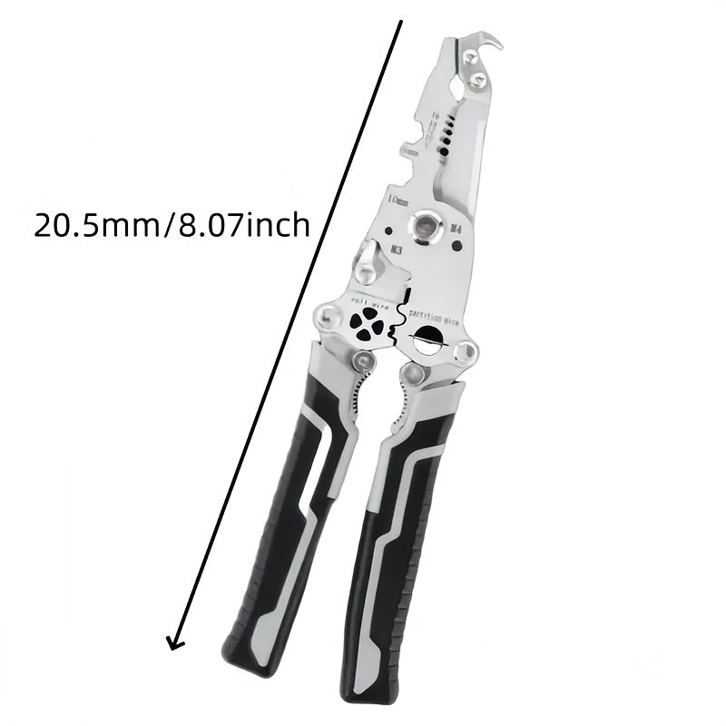 18-in-1 Foldable Wire Stripper & Cutter - Multi-Tool with Wrench, Clamp, Twist, Nail Puller & Screwdriver - Polished Metal Finish, Non-Slip Grip - Ideal for Electricians, DIY & Construction.