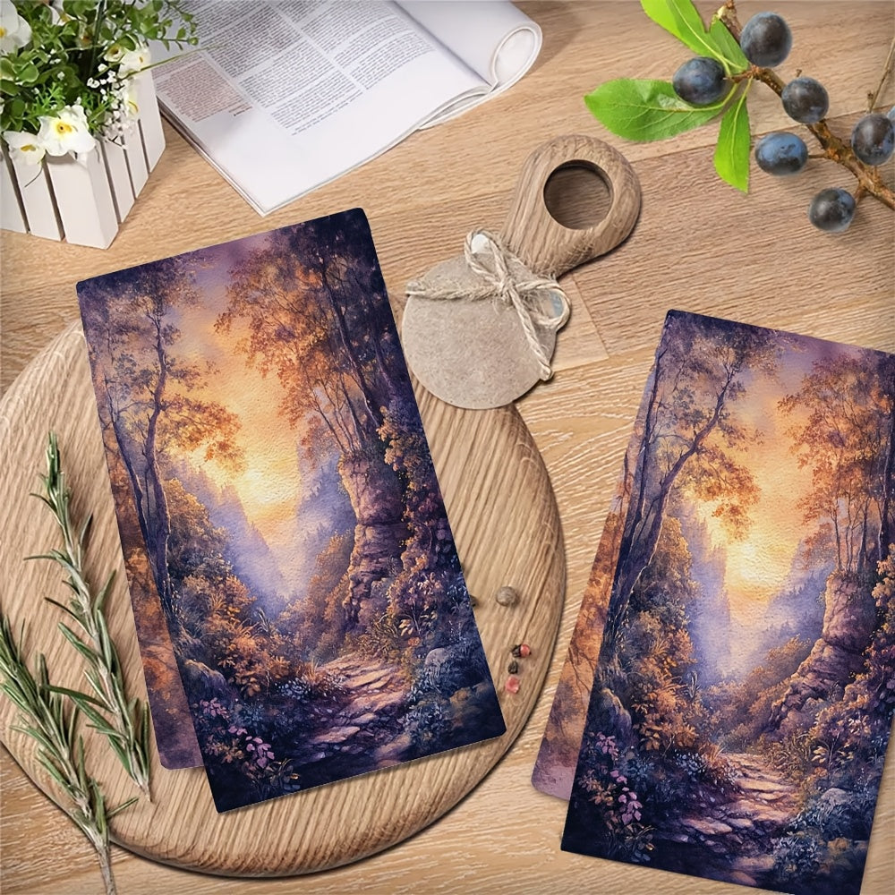 Set of 2 Ultra Soft Kitchen Towels featuring a Magical Forest Dawn Scene, Super Absorbent & Easy-to-Clean Dish Hand Towels, 40.64x60.96 cm, Beautifully Designed Nature-Inspired Decor for your Home, Perfect for Drying Dishes