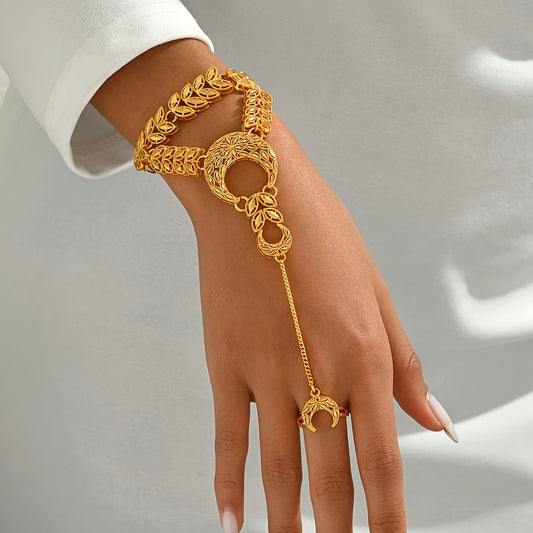 An elegant retro-style bracelet, perfect for women to wear at banquets, weddings, and engagements. This bracelet features a copper-plated gold-plated hollow wheat spike spliced moon design, giving it a unique and sophisticated look, making it ideal for