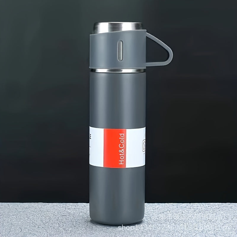 Stainless steel vacuum flask, leakproof, BPA-free, hand wash only - ideal for camping and hiking.