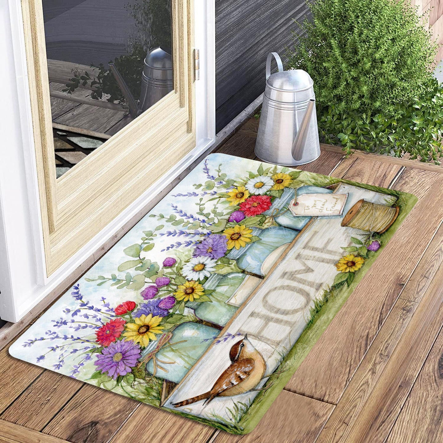 Spring Floral and Bird Design Home Door Mat, Perfect for Easter and Valentine's Day, Anti-Fatigue Kitchen Decor, Machine Washable, Stain Resistant, Non-Slip, Made of Polyester, 1 Piece, Rectangle Shape, 1.2cm Thick