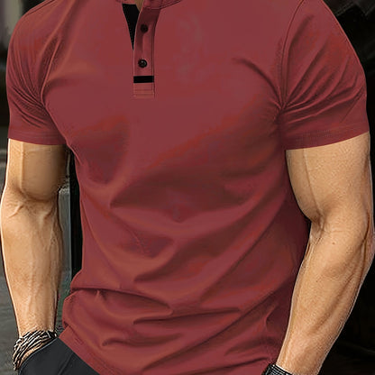 Men's red casual shirt with short sleeves and round neck featuring button detail. Made from lightweight polyester blend, perfect for golf and casual wear. Machine washable.