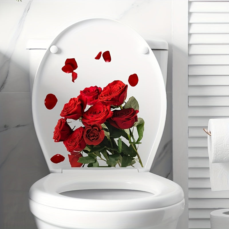 Red rose pattern toilet lid decal for stylish bathroom decor.