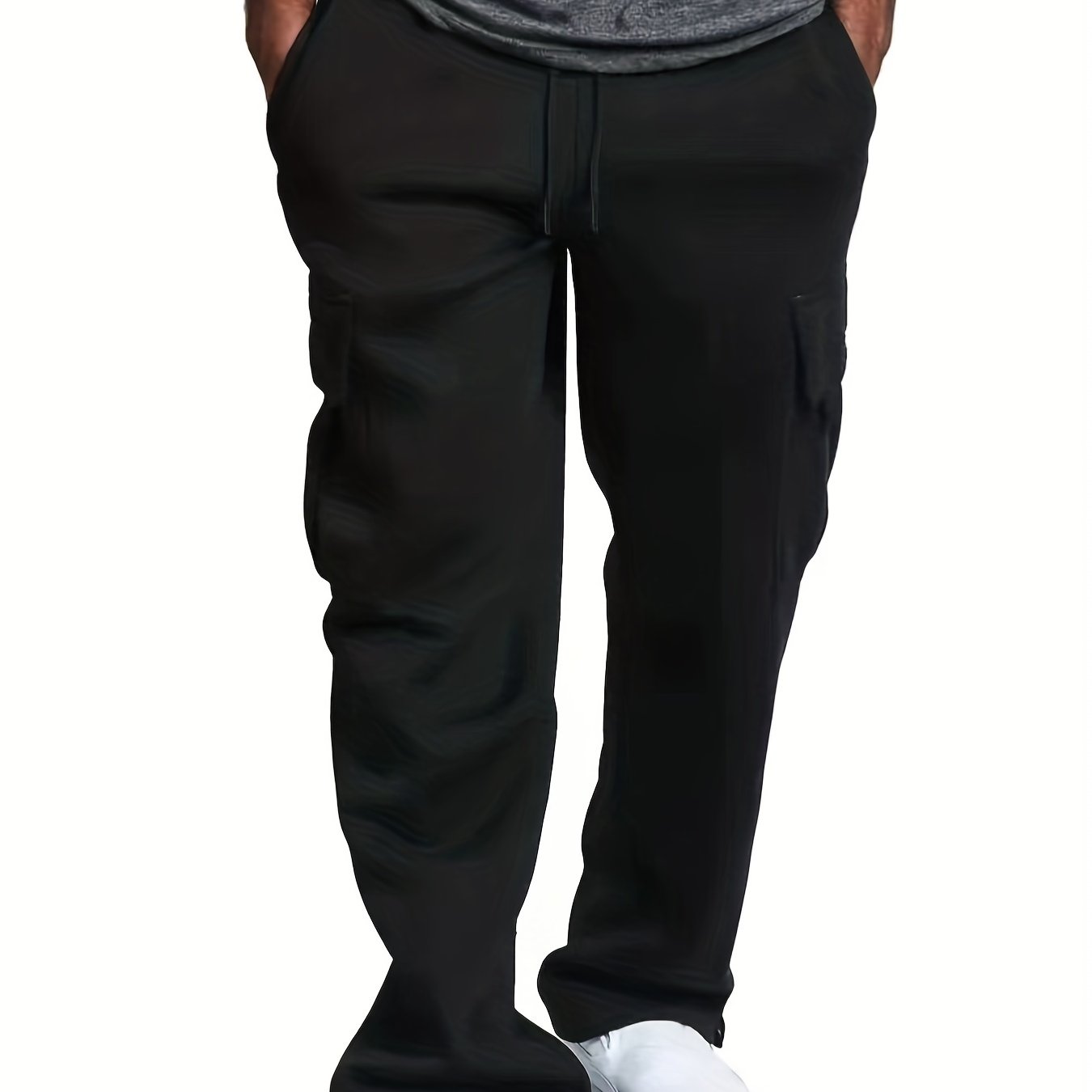 Big and tall men's relaxed cargo trousers with pockets, oversized drawstring pants.