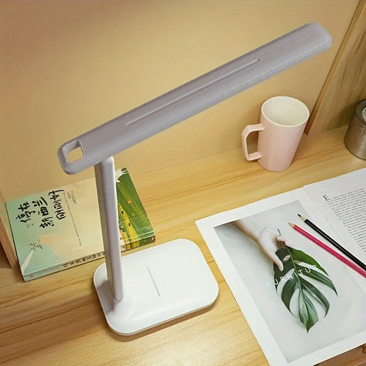 Adjustable white light LED desk lamp with USB rechargeable lithium battery, color changing feature, polished finish, suitable for reading and household lighting.