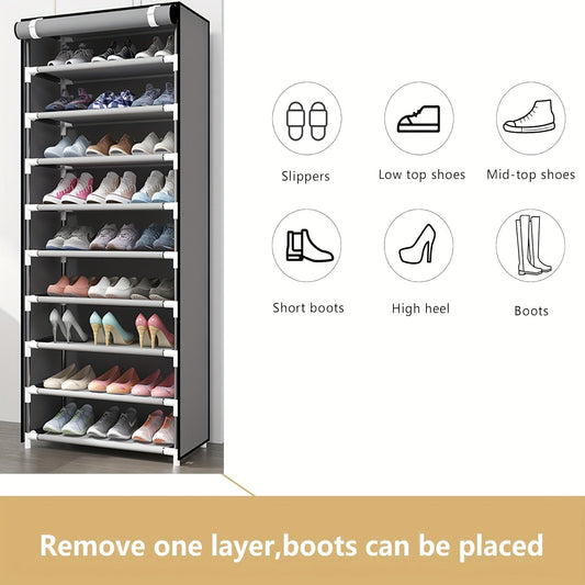 Simple Shoe Cabinet with 10 Layers and 9 Grids, Made of Non-woven Fabric, Dust-proof and Multi-functional Shoe Storage Solution for Household and Dormitories - Easily Assembled, Lockable, and Ideal for Large-capacity Storage in Bedrooms and Living Spaces.