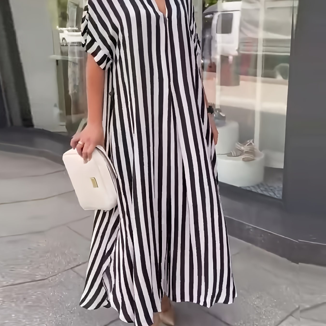 Plus Size Striped Split Longline Dress with Short Sleeves and Notched Neck for Spring & Summer, Women's Plus Size Clothing