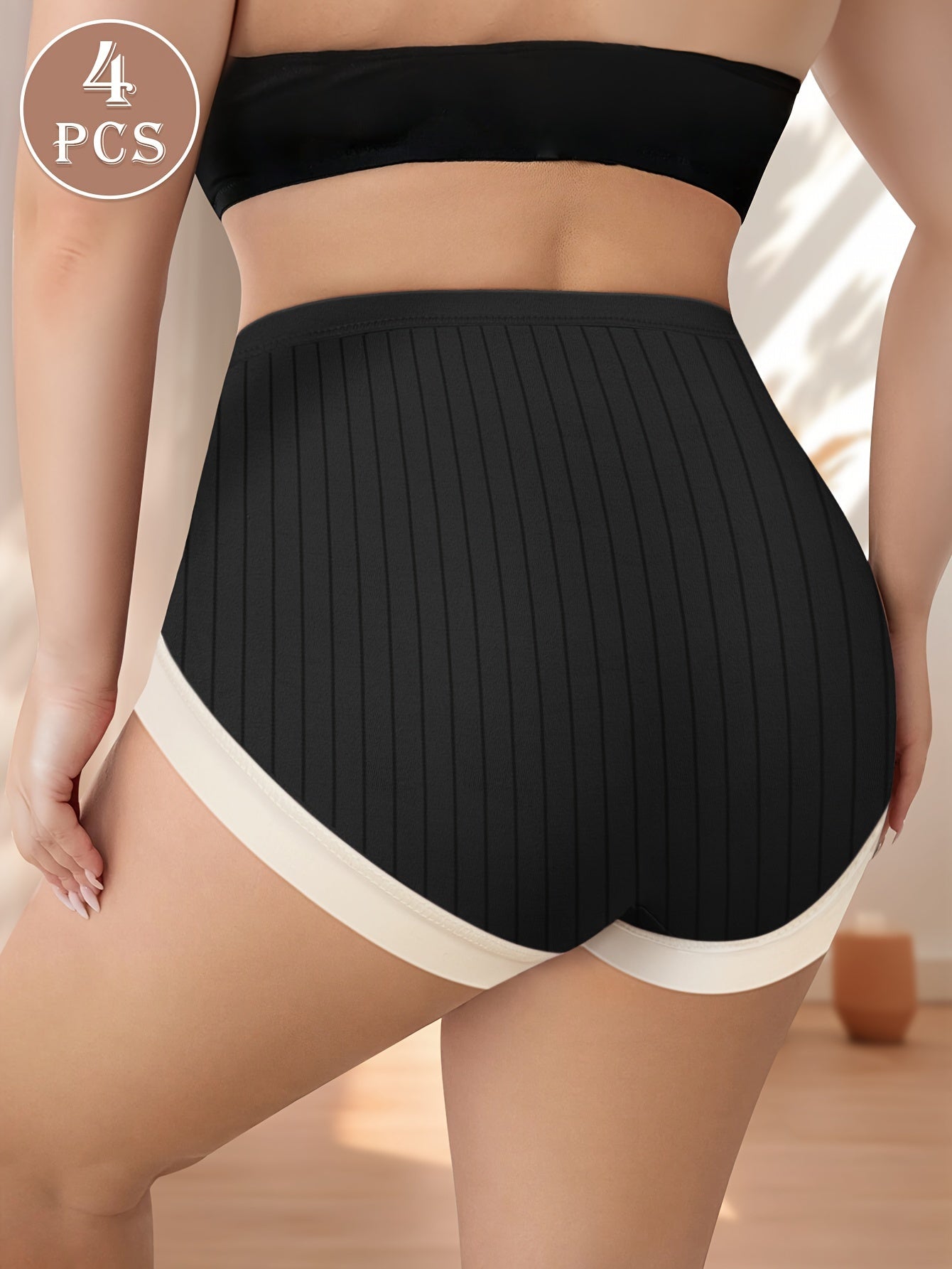 4pcs Plus Size Elegant Panties, Women's Colorblock Ribbed High Waisted Daily Briefs