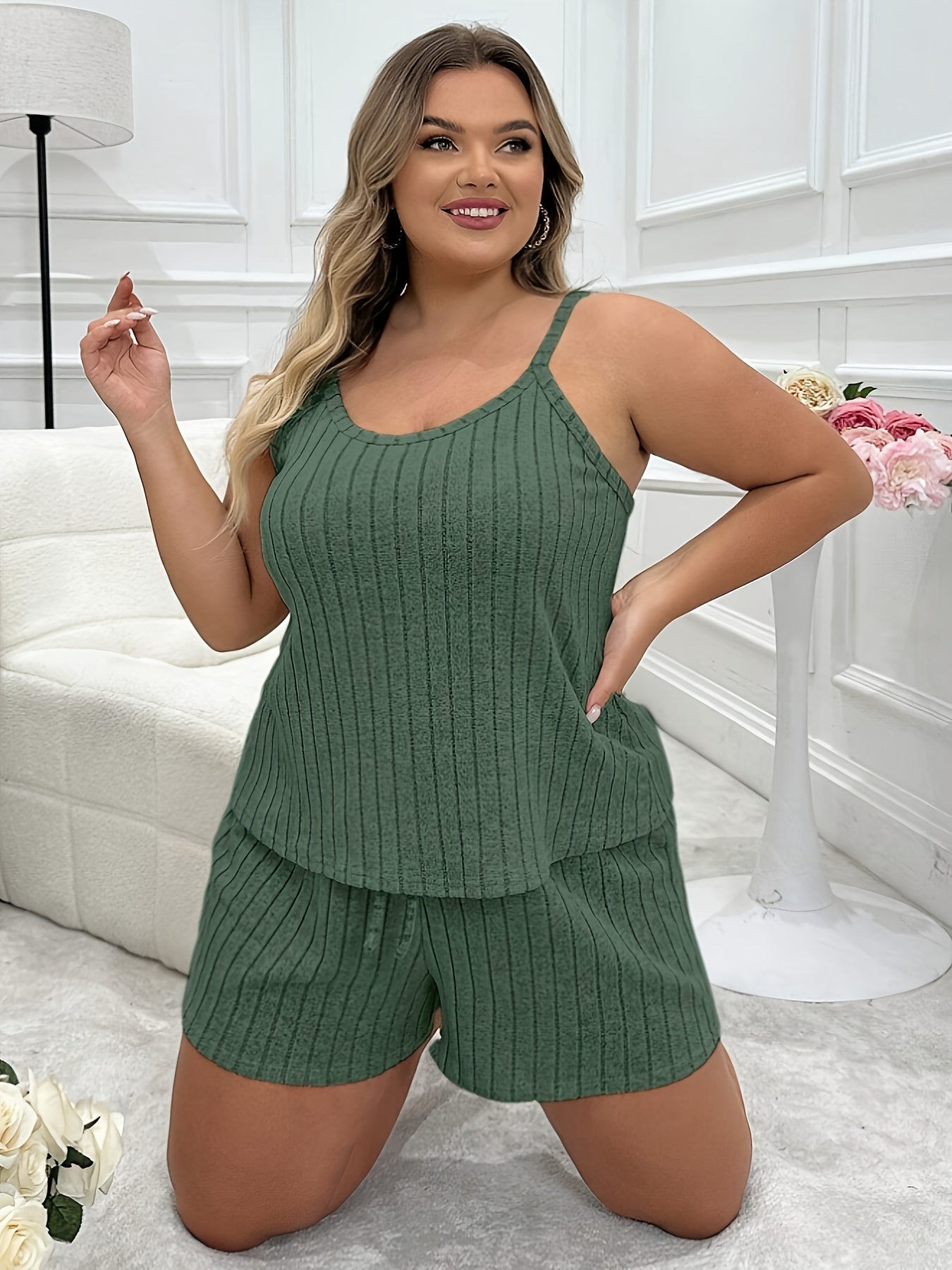 Stylish Ribbed Tank Top and Shorts Set for Women, 100% Polyester, Machine Washable, European/American Style, Casual and Comfortable Loungewear.