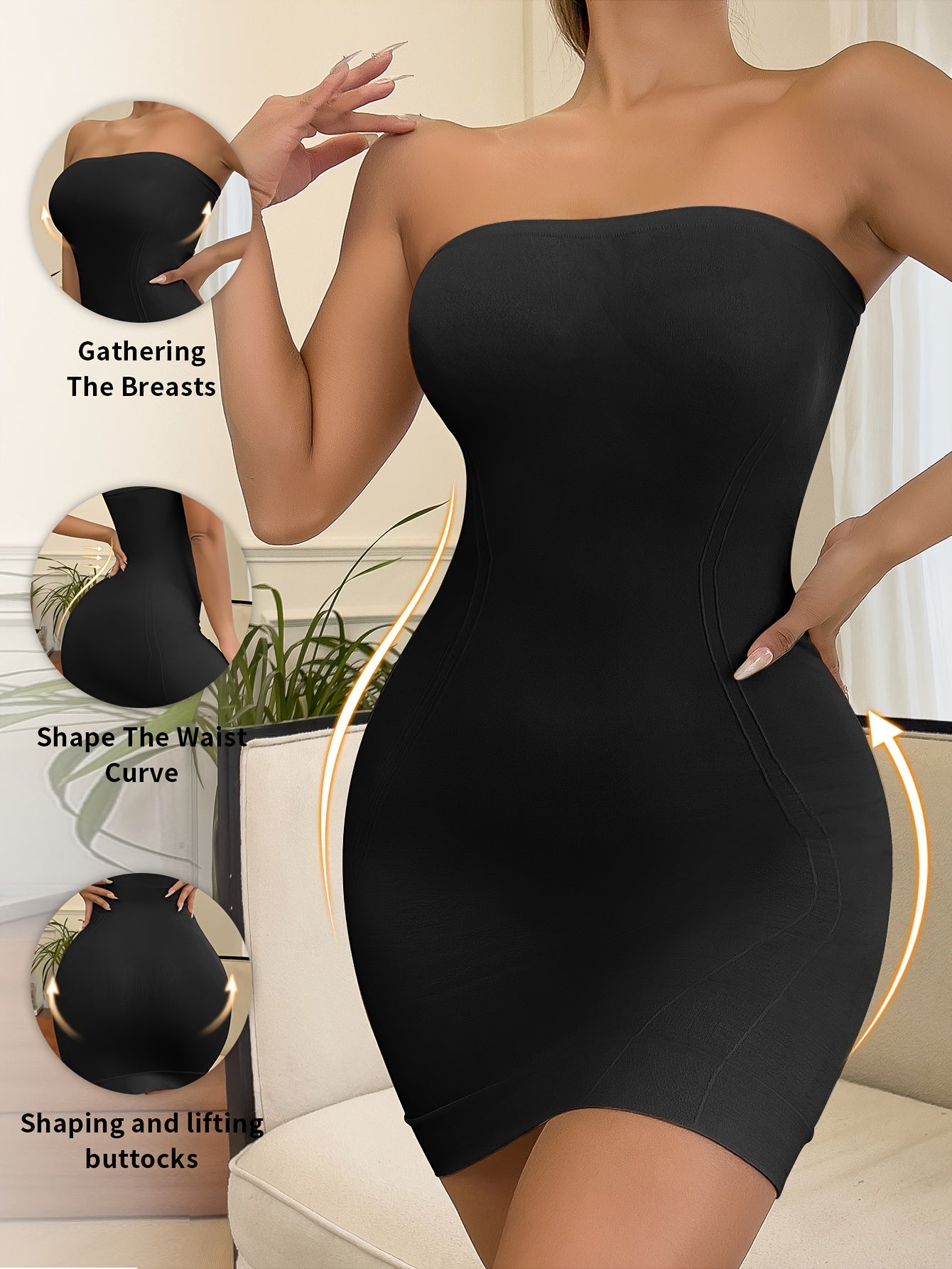 Women's shapewear bodysuit dress with seamless nylon knit for slimming and lifting, lightweight fabric.