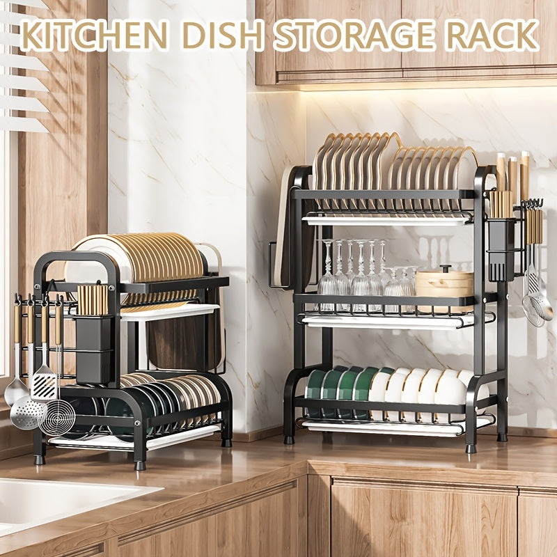 Durable stainless steel kitchen organizer for dish and utensil storage, no power needed, multi-functional plate rack.