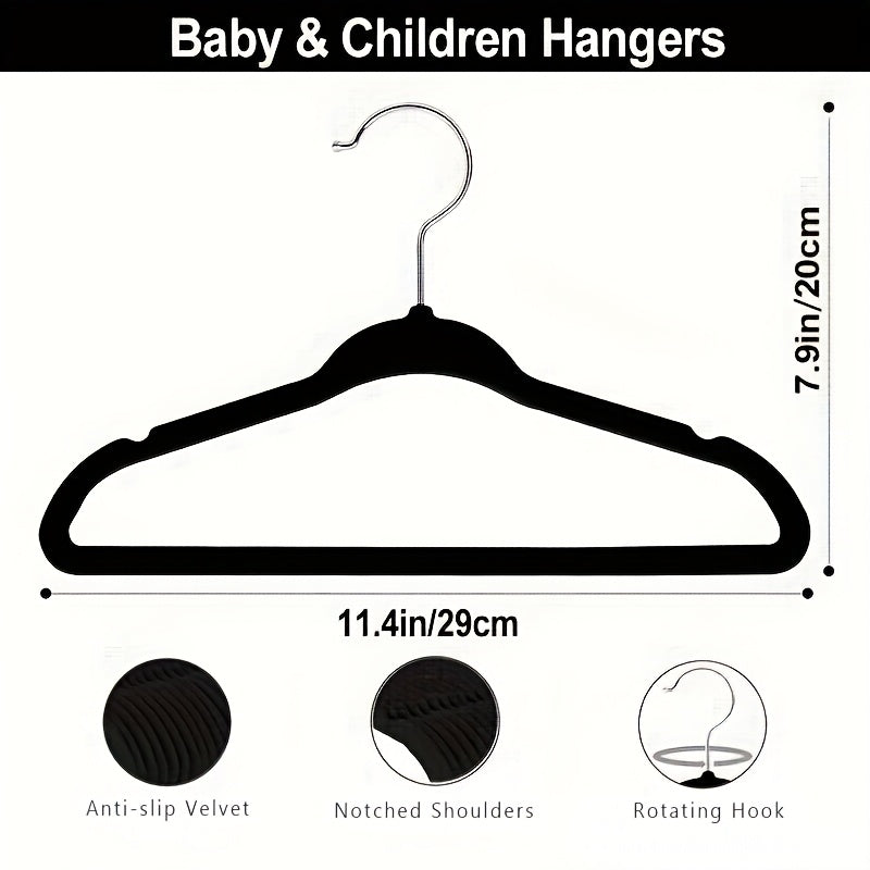 Get a 50 pack of cute and durable velvet baby hangers for your closet! These non-slip toddler hangers are the perfect size at 29.97 cm for your child's clothes. Perfect for newborns and children.