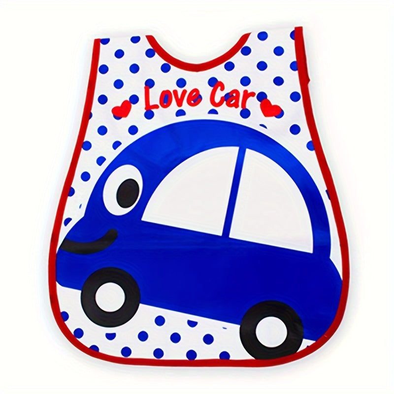 Waterproof bib for boys and girls with snap closure, dirt-resistant pockets, cute strawberry and car prints, made of comfortable EVA material. Suitable for universal feeding, featuring