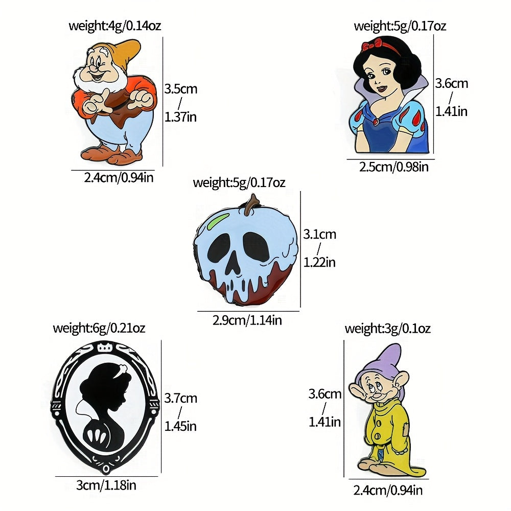 Set of 5 Enamel Pins - Adorable Snow White & The Seven Dwarfs Brooches, Made of Alloy Metal, Perfect for Clothing and Backpacks