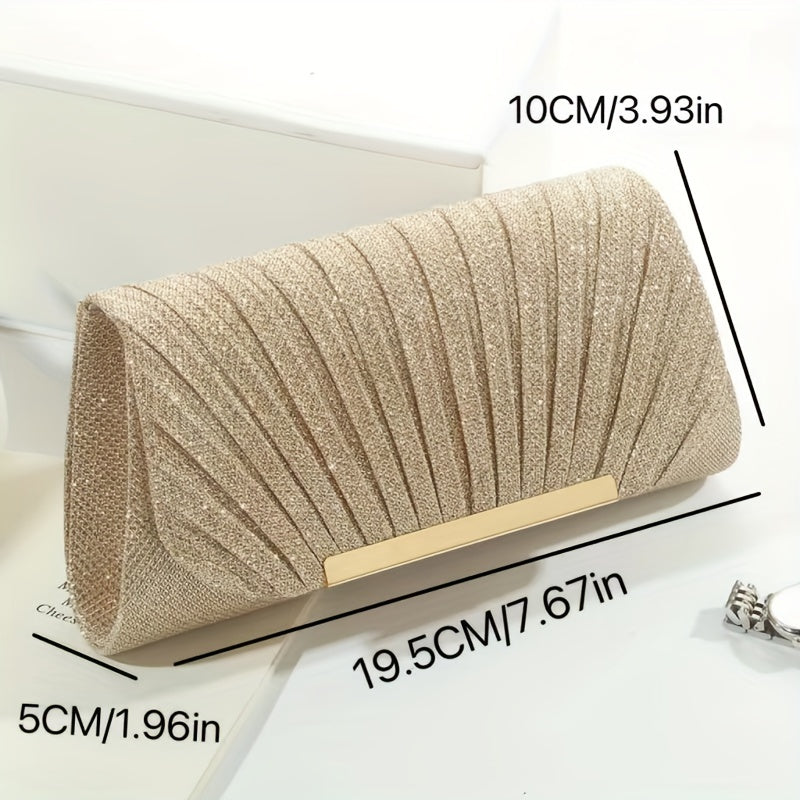 Stylish clutch bags for evening events: pleated evening clutch, golden embellished wallet clutch, and chic chain clutch for ladies.