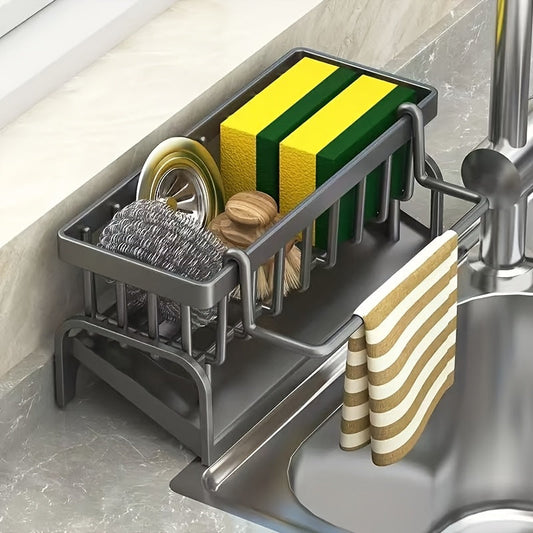 Our durable, multifunctional plastic kitchen sink storage box is designed to efficiently store household cleaning tools, with a built-in dishcloth holder and sponge drain. No power is required for this convenient storage rack, suitable for organizing