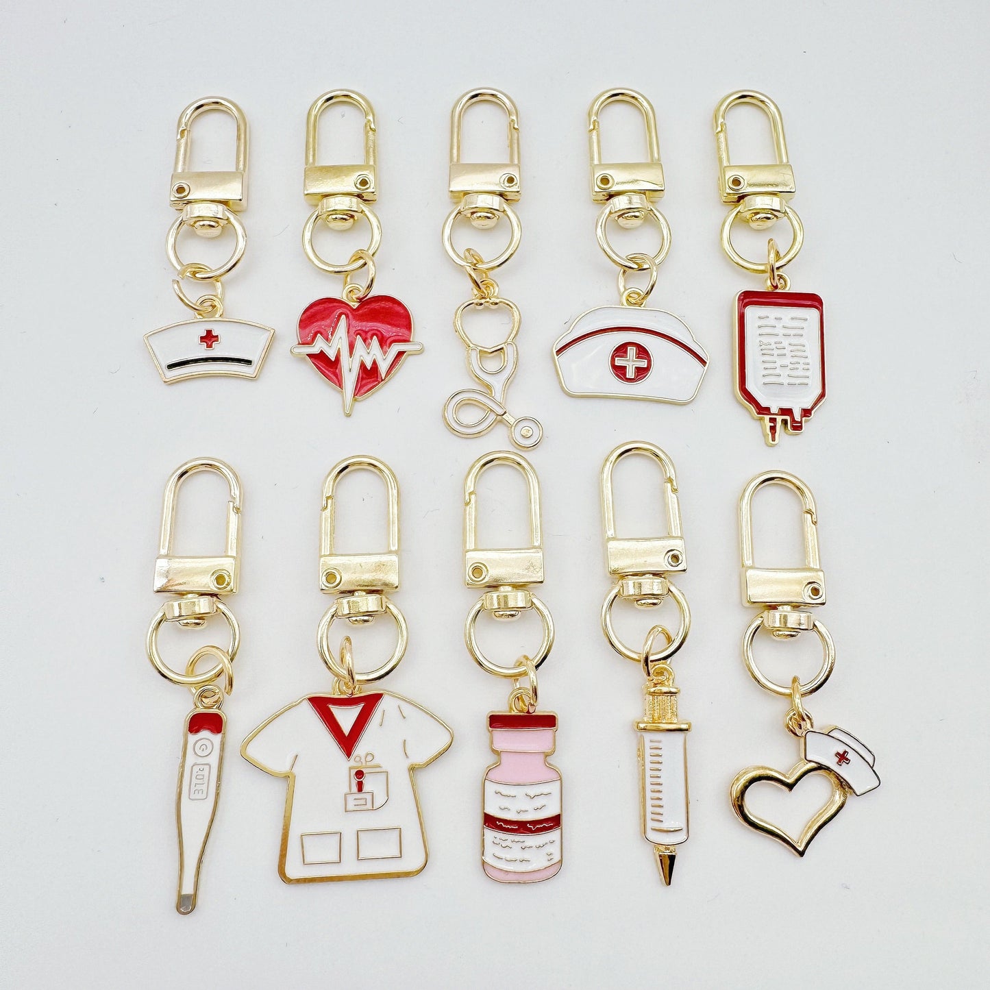 Set of 10 Nurse-Themed Alloy Keychains, Featuring Cartoon Medical Charms and Professional Decorative Key Rings with Round Ring Clasps and Rectangular Shapes. Perfect for Nurse's Day Gifts and Decorations