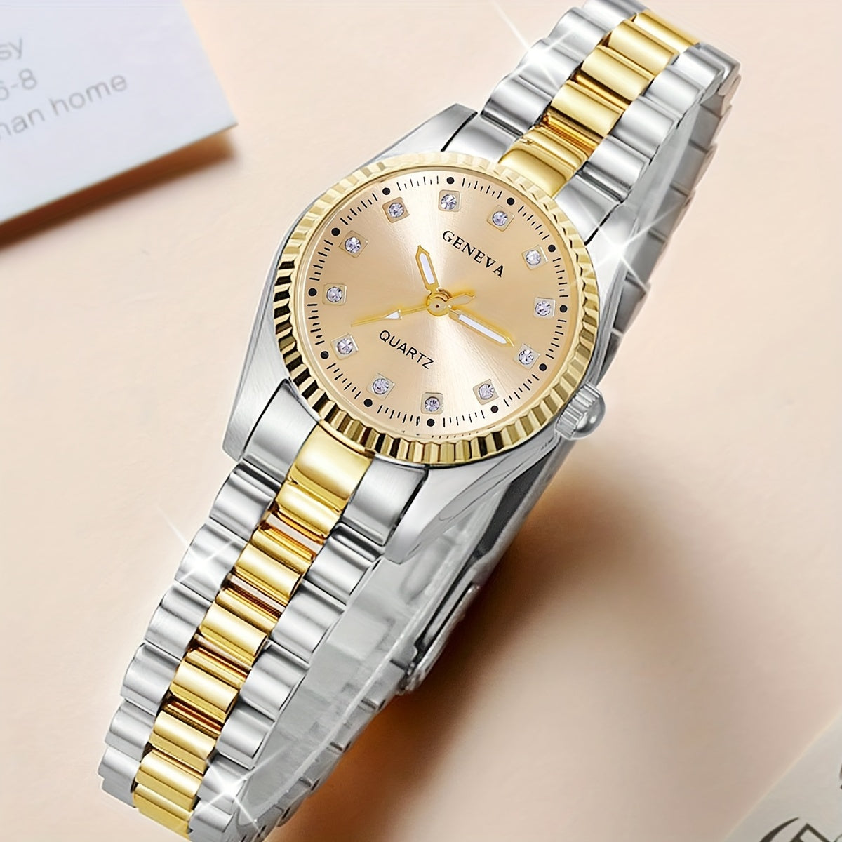 Women's Middle East Ramadan watch featuring a golden round dial with fully encrusted details. Includes an alloy strap, suitable for parties, holidays, birthdays, or as a gift for a lady.