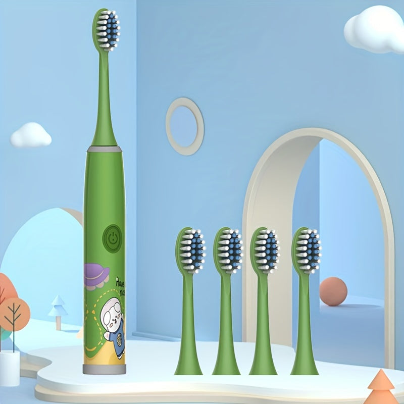 Children's Electric Toothbrush with 5 replacement brush heads in various colors. Suitable for kids aged 3-15, features soft bristles for gum protection and oral health care. Stylish