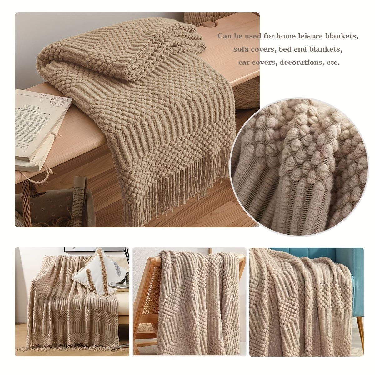 Soft and warm throw blanket for all seasons, perfect for the sofa, bed, car, or as a bed tail blanket. Features knitted tassels and multifunctional design.