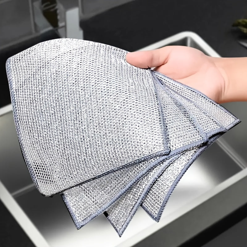 50 pieces of modern Microfiber Dish Scrub Pads, featuring two sides for scrubbing kitchen dishes and cookware. These lightweight pads are designed with a food-themed towel and made of 100% woven microfiber. Hand wash recommended.