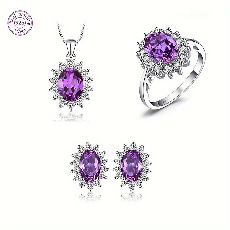 Complete your daily outfits with this high quality jewelry set, featuring a stunning 925 sterling silver necklace, ring, and pair of earrings. Each piece is inlaid with shining zirconia in multiple colors for you to choose from. Upgrade your look with