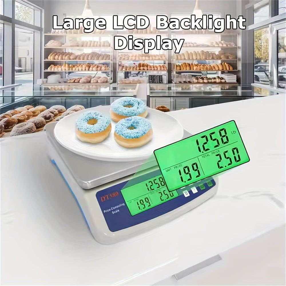 30kg digital kitchen scale with LCD display, 1g precision, tare function, and price computing. Suitable for food contact, battery powered (batteries not included).