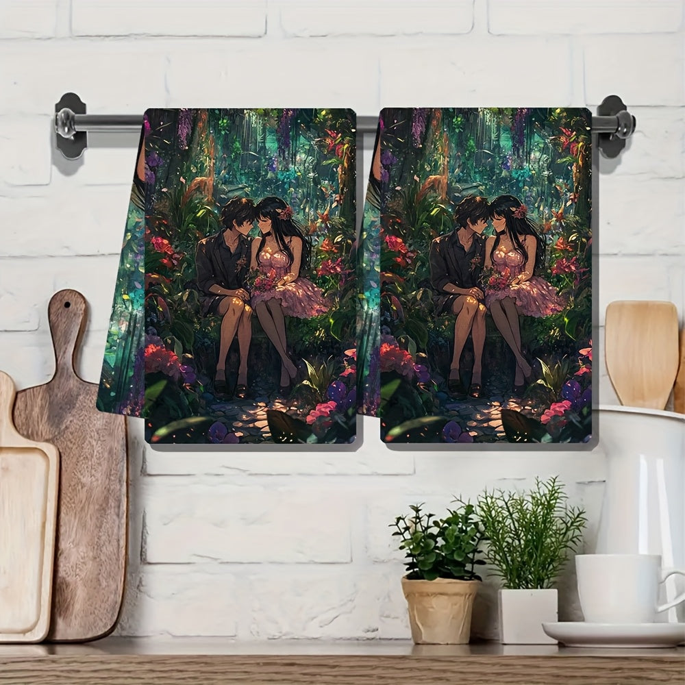 Set of 2 Kitchen Towels - Featuring an Anime Couple Sitting on a Heart Shaped Bench in a Botanical Garden Amidst Exotic Plants and Flowers. These Ultra Soft Towels Create a Luxurious and Romantic Atmosphere. Highly Absorbent and Perfect for Holiday