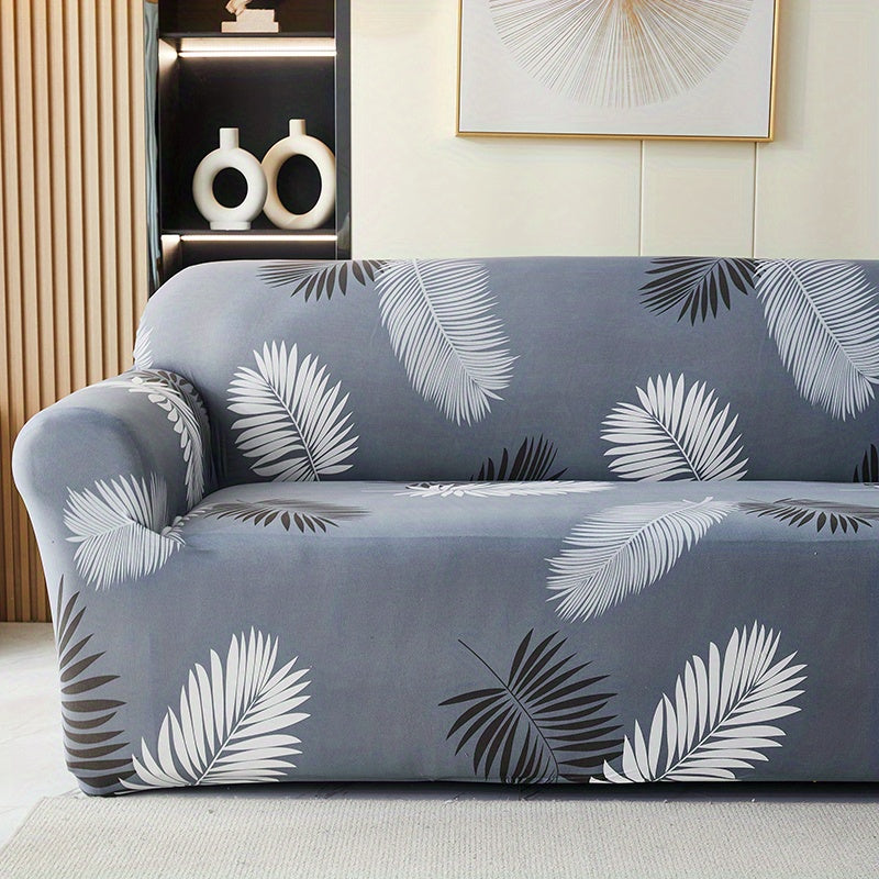 Modern printed sofa slipcover with elastic closure, made of 95% polyester and 5% spandex. Machine washable with active printing and stitched craftsmanship. Fits armchairs to sectional sofas, weighing 100-120gsm fabric.