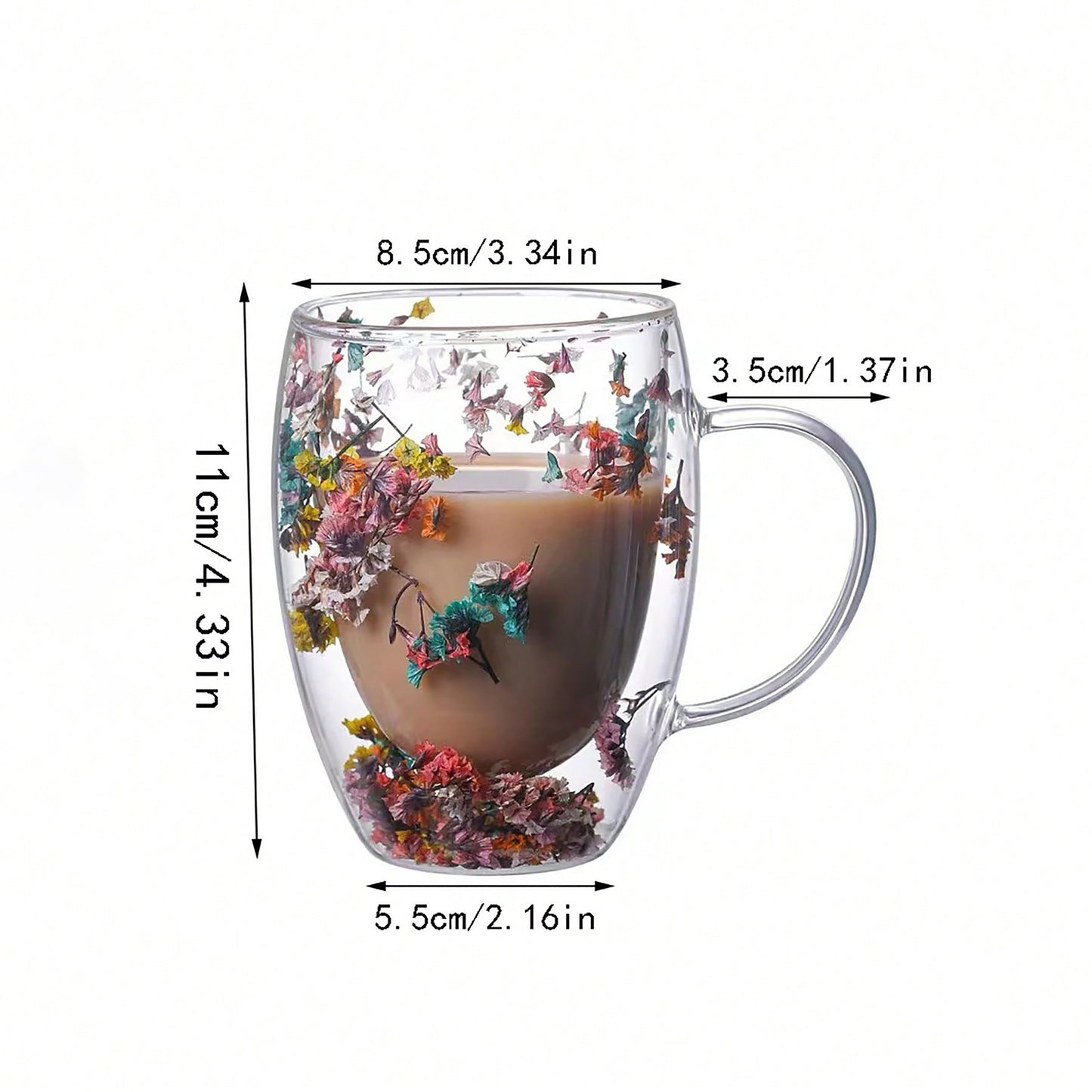 Glass coffee mug with dried flowers, double-walled espresso cups for hot drinks, perfect for all seasons, ideal for birthdays.