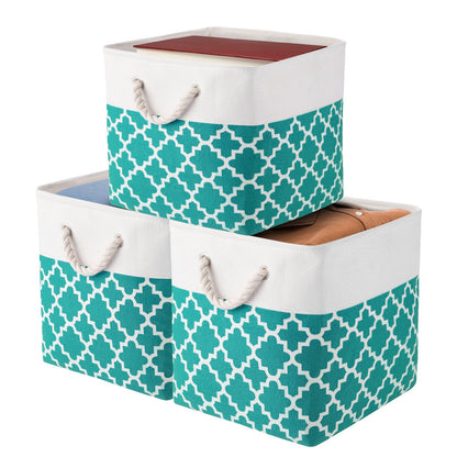 Set of three large rectangular fabric storage baskets featuring handles for easy organizing. Perfect for storing toys, clothes, and other items in your closet, home, or office. These classic style bins are durable and foldable for convenient storage when