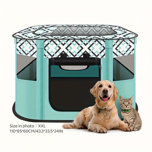 Foldable turquoise pet playpen for large dogs, cats, and more: portable and easy to assemble with mesh windows and geometric roof. Includes storage bag. Perfect for outdoor travel and