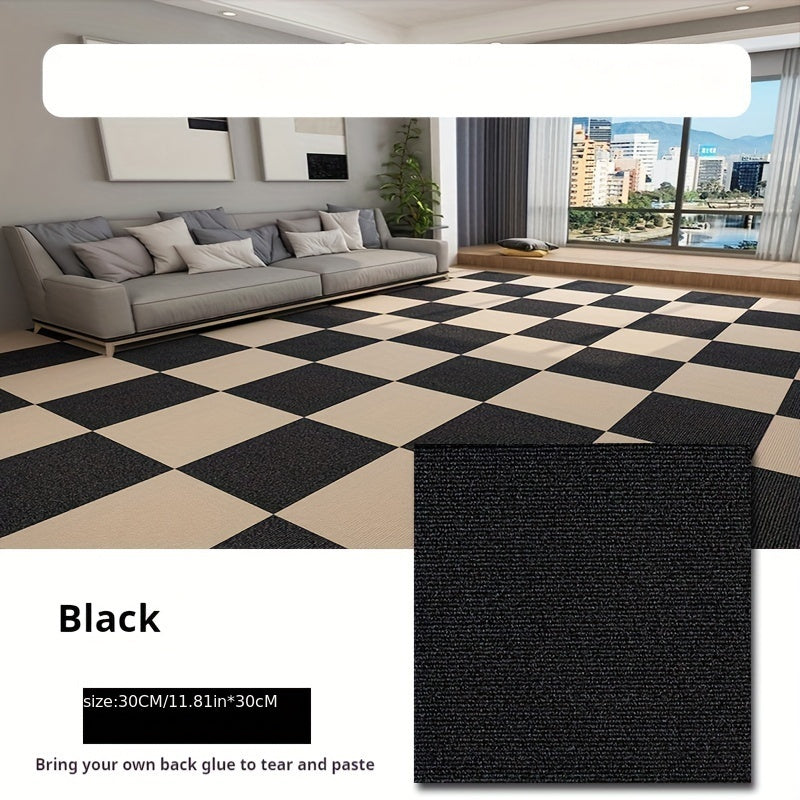 Pack of multiple self-adhesive carpet tiles in a square shape, suitable for both office and home use. These non-slip foam backed polyester rugs are machine-made with a solid pattern, making them perfect for enhancing the decor of any room, office, or