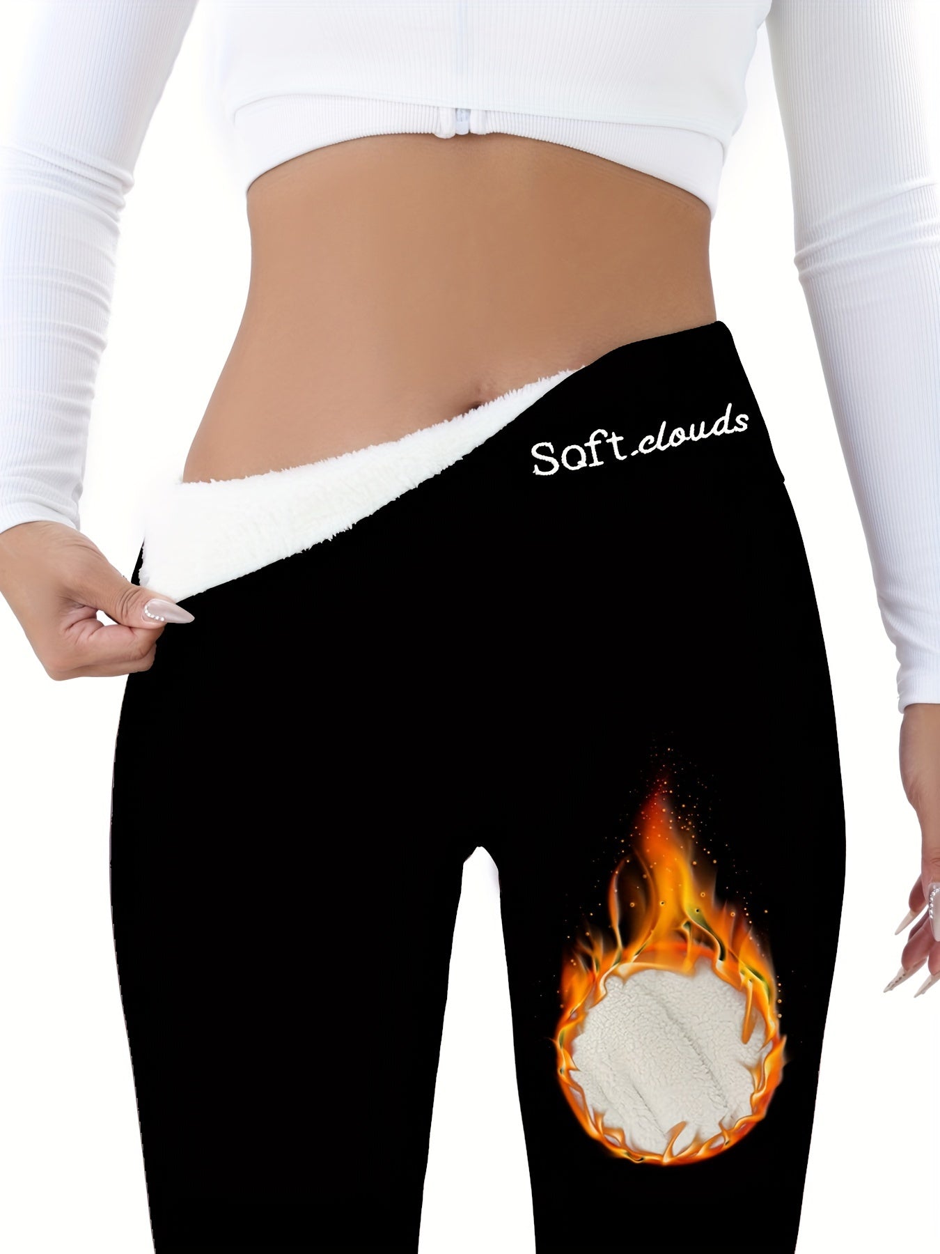 Elegant fleece-lined leggings with flame detail perfect for fall and winter.