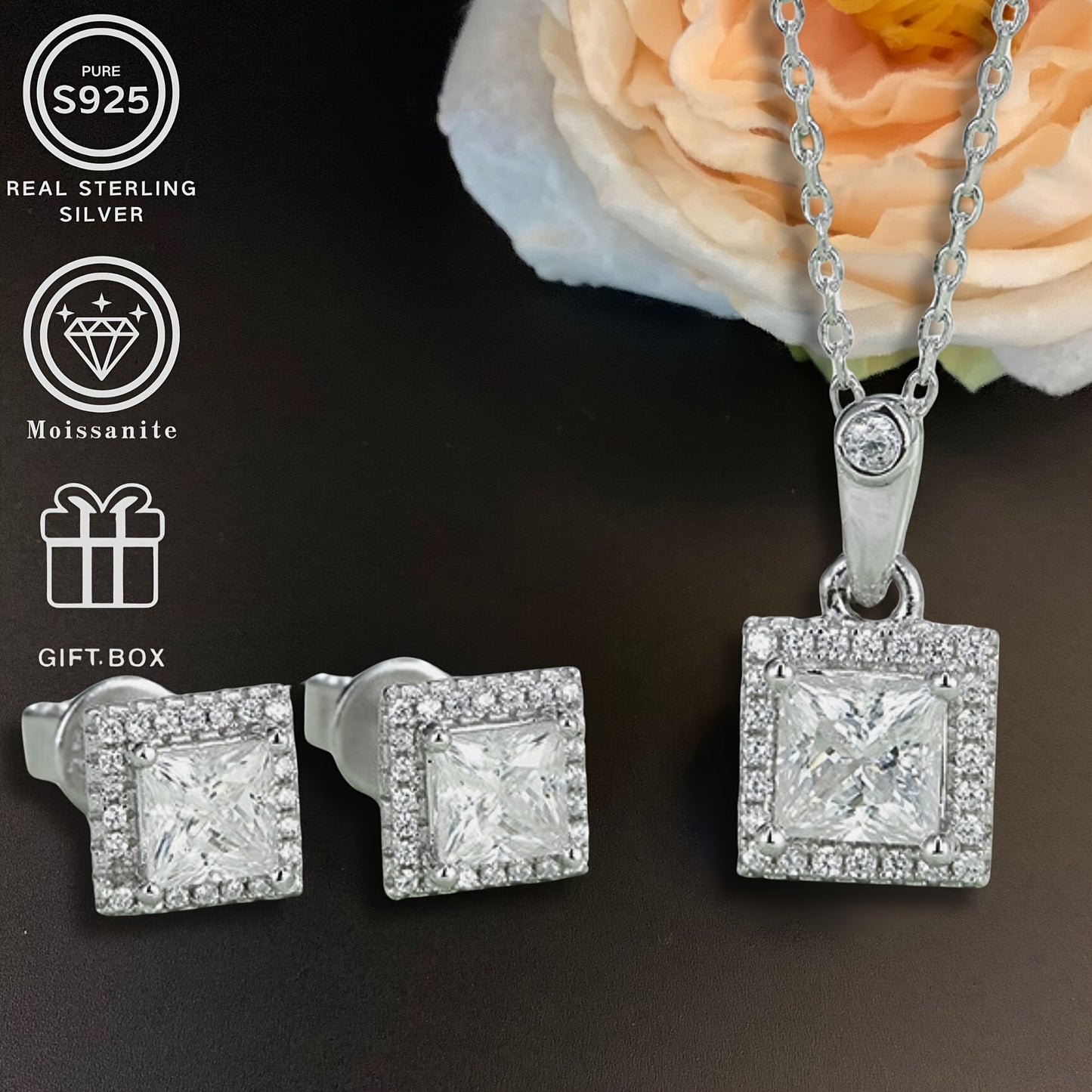 3-piece set of Sterling Silver Moissanite Jewelry, featuring a 1.0ct Center Stone and 0.5ct Stud Earrings. Designed with a sexy street style and elegant classic design, perfect for everyday wear and vacations. Silver plated and ideal for gifting on