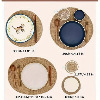 Hand-woven Japanese-style jute placemat for dining table, featuring insulation and serving as a bowl, pot holder, and cup coaster.