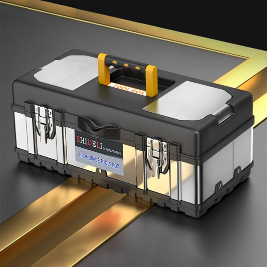 Multi-functional stainless steel hardware box with double-layer storage, thickened and durable for storing tools and equipment.